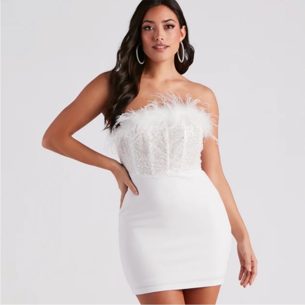 Windsor Strapless White Feather Dress